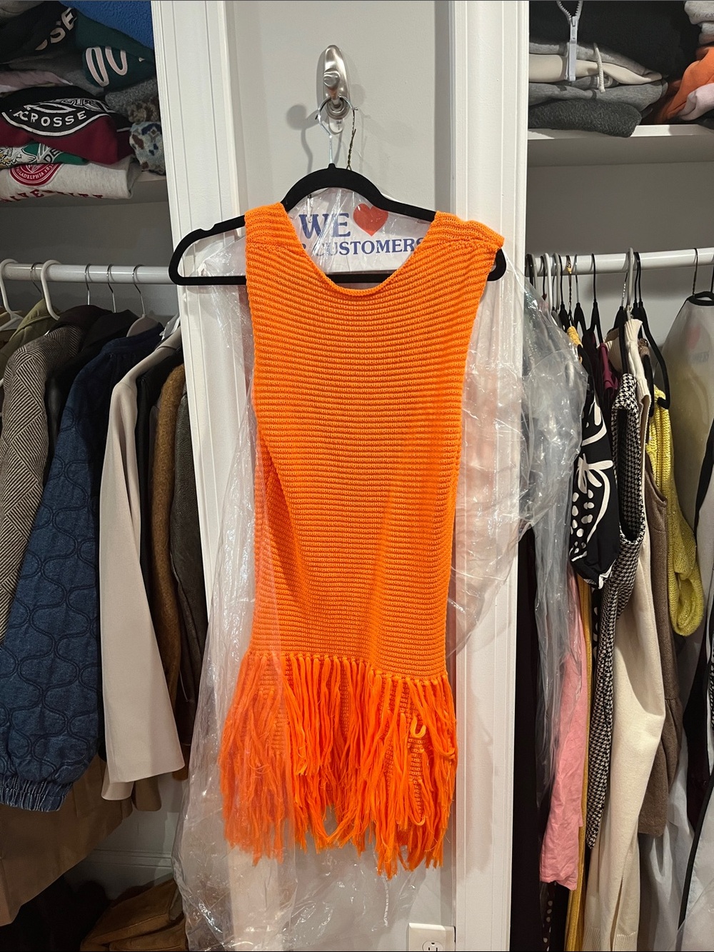 Bright Orange Knit Fringe Mini Dress